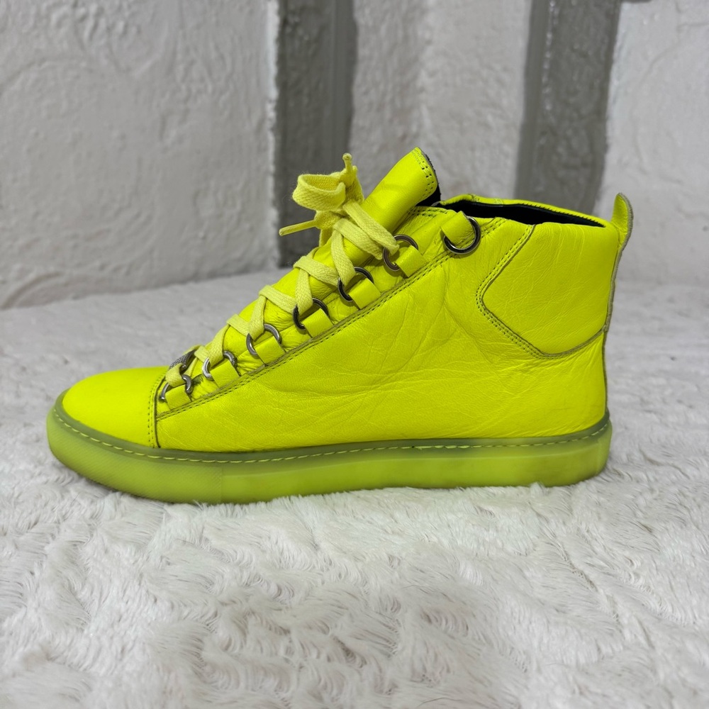 Balenciaga Arena Leather High Neon Sneakers Yellow 433296 Size 38 - Picture 6 of 12